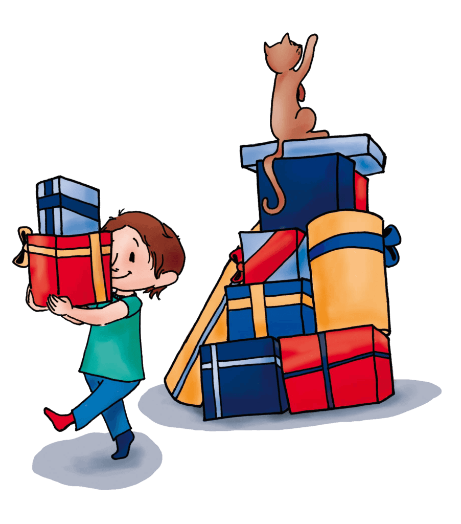 Holčička s dárky odchází od hromady dárku, na které sedí kočka